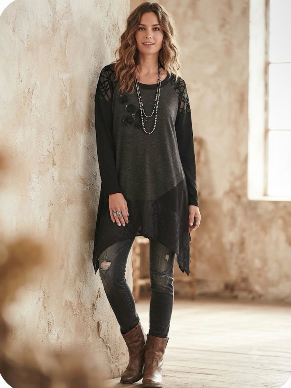 Boho Tunic With Floral Beaded Detail Sz XL